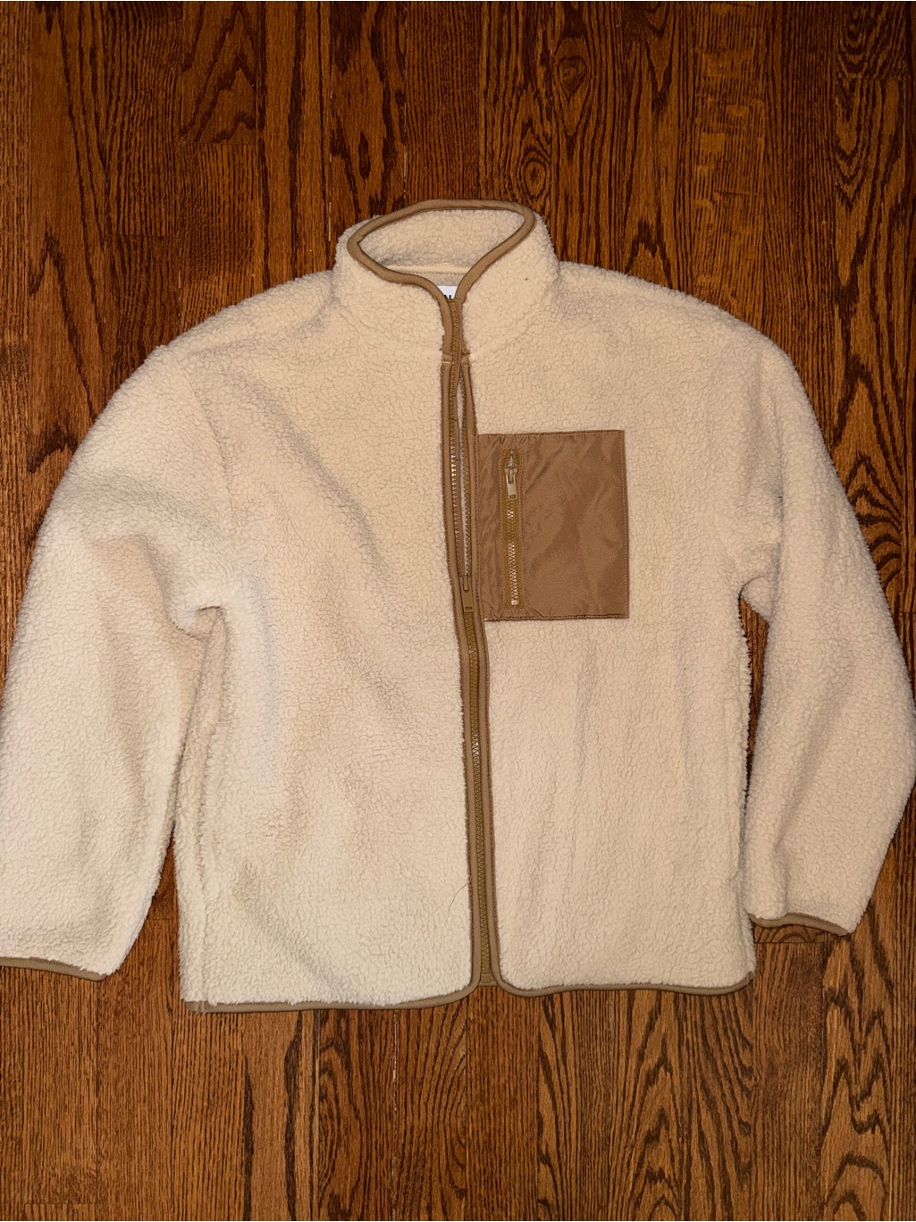 Old Navy Cream Sherpa Jacket With Tan Pocket Trim